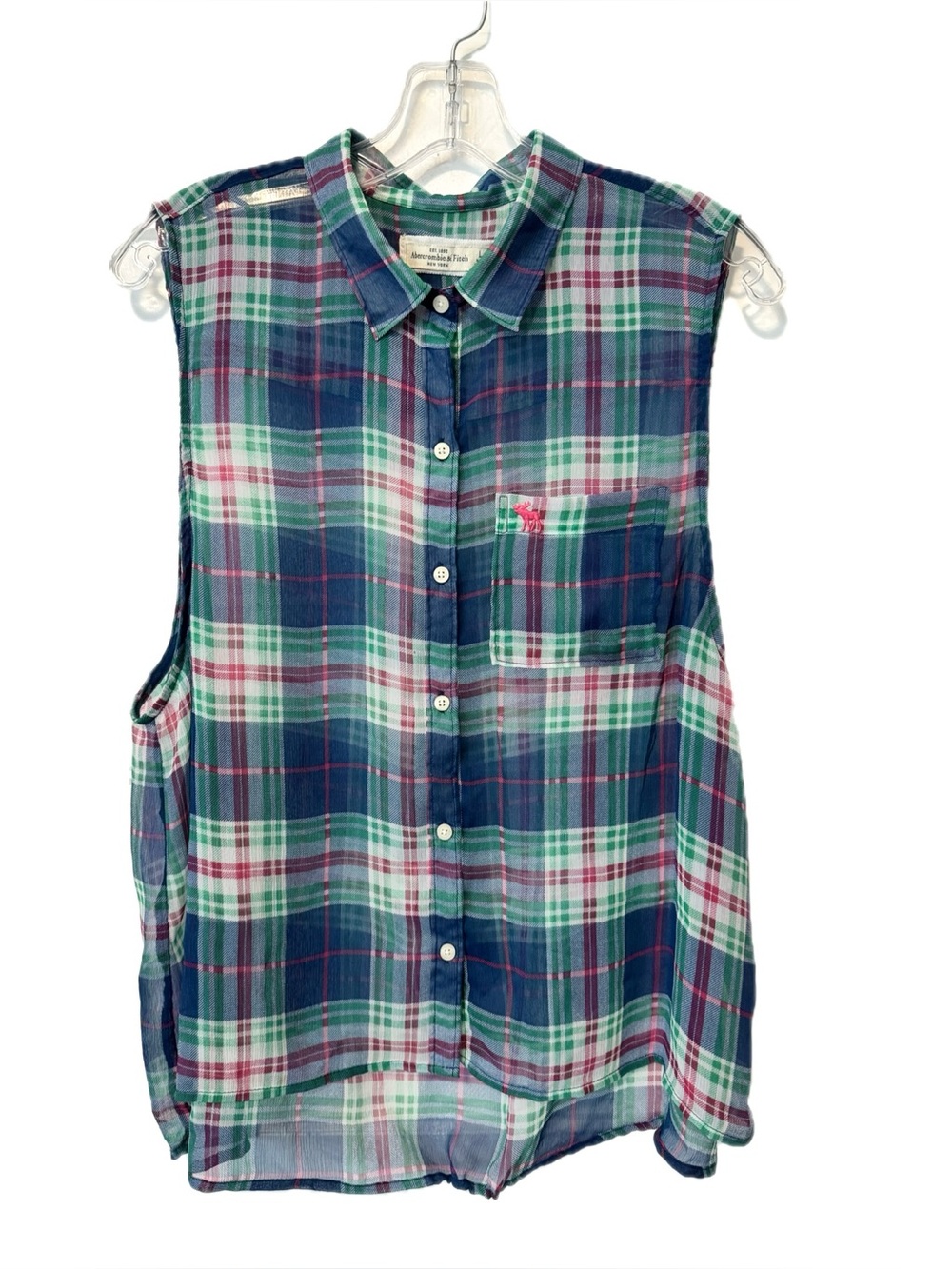 Abercrombie & Fitch Plaid Sleeveless Button Up Shirt L Blue Green Sheer Cottage